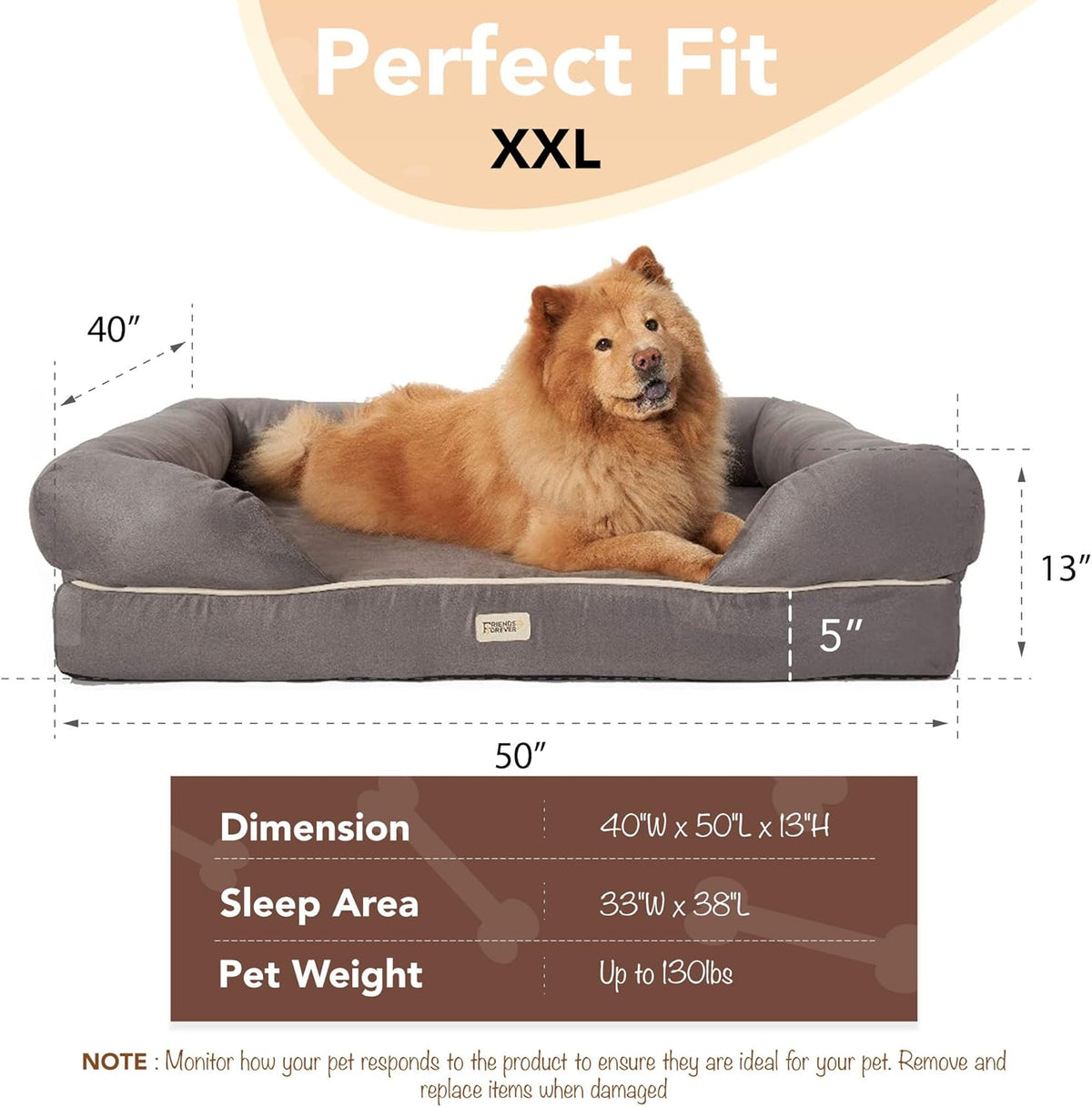 Orthopedic Memory Foam Dog Bed with Washable Cover and Non-Slip Base, Calming Pet Sofa, Water Resistant, Chester Grey, 50" x 40" x 13