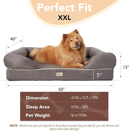 Orthopedic Memory Foam Dog Bed with Washable Cover and Non-Slip Base, Calming Pet Sofa, Water Resistant, Chester Grey, 50" x 40" x 13