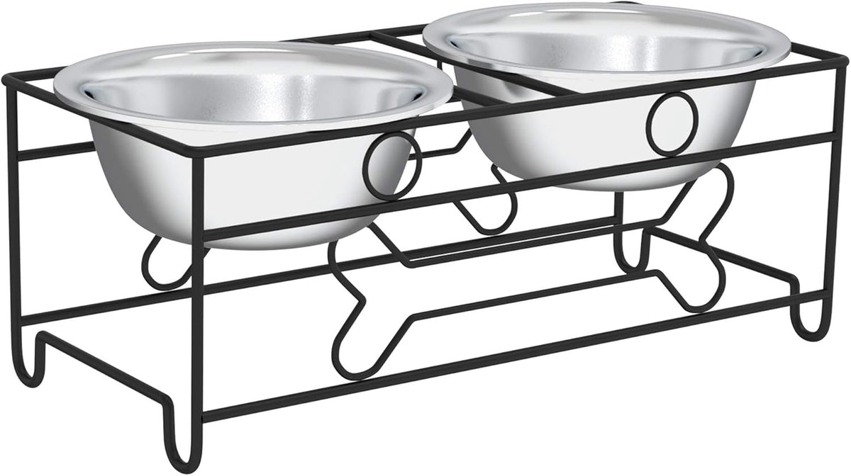 Set of 2 Stainless Steel Dog Bowls - 40 Oz Pet Bowls with Decorative Stand - Metal Food and Water Dishes for Large Pets - Puppy Essentials (Silver/Black)