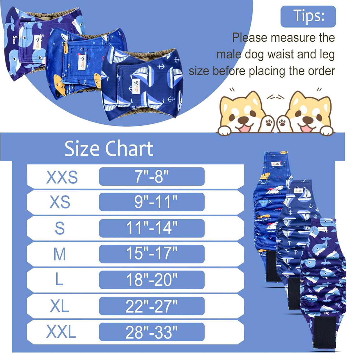 Premium Washable Male Dog Diapers - 3 Pack, High Absorbency Belly Bands for X-Large Dogs, Ideal for Excitable Urination and Training (Sailboat Design)