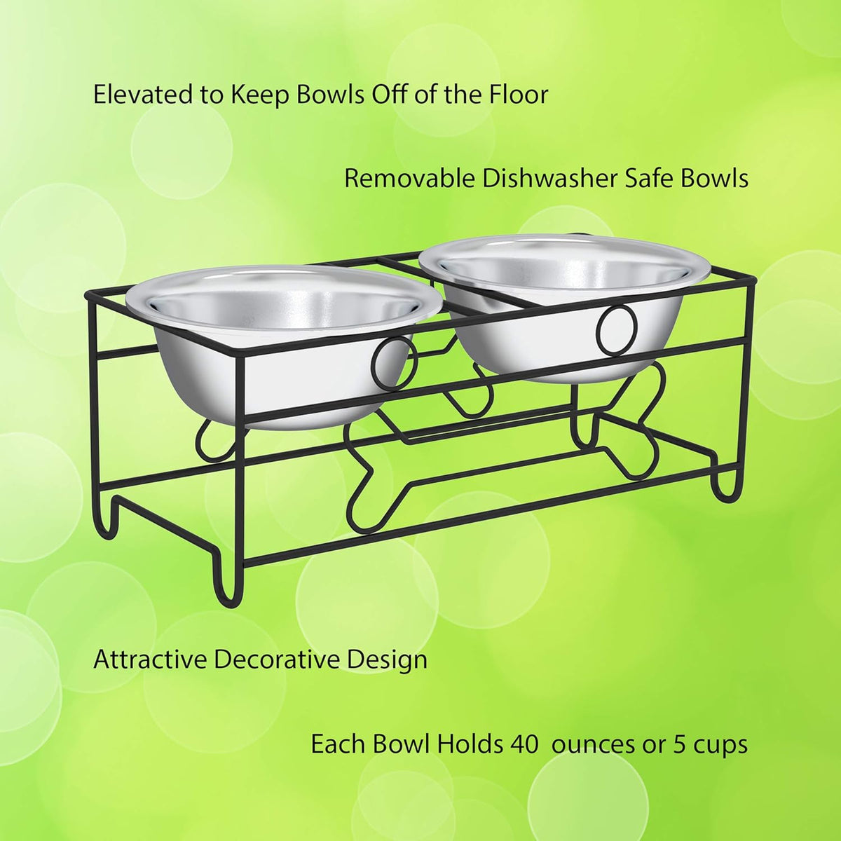 Set of 2 Stainless Steel Dog Bowls - 40 Oz Pet Bowls with Decorative Stand - Metal Food and Water Dishes for Large Pets - Puppy Essentials (Silver/Black)