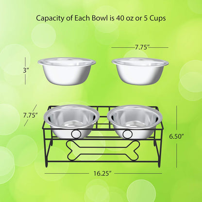 Set of 2 Stainless Steel Dog Bowls - 40 Oz Pet Bowls with Decorative Stand - Metal Food and Water Dishes for Large Pets - Puppy Essentials (Silver/Black)