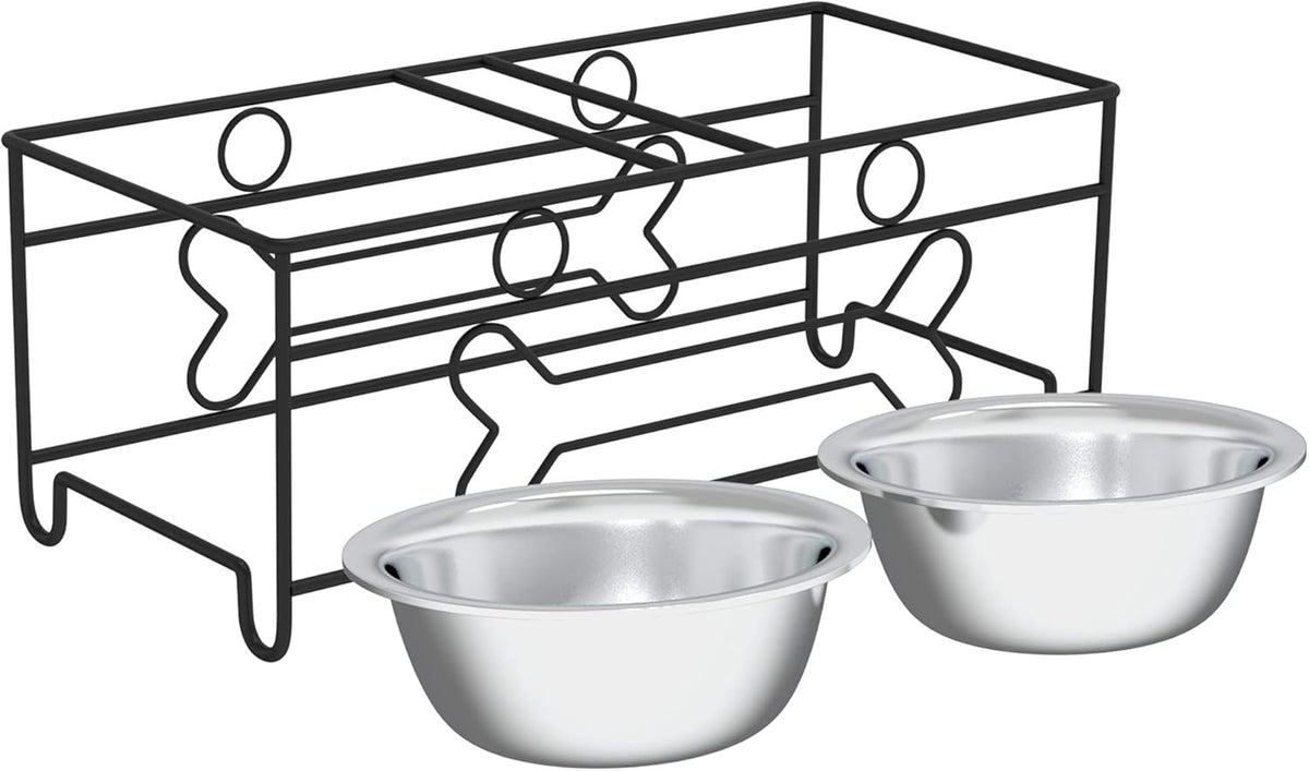 Set of 2 Stainless Steel Dog Bowls - 40 Oz Pet Bowls with Decorative Stand - Metal Food and Water Dishes for Large Pets - Puppy Essentials (Silver/Black)