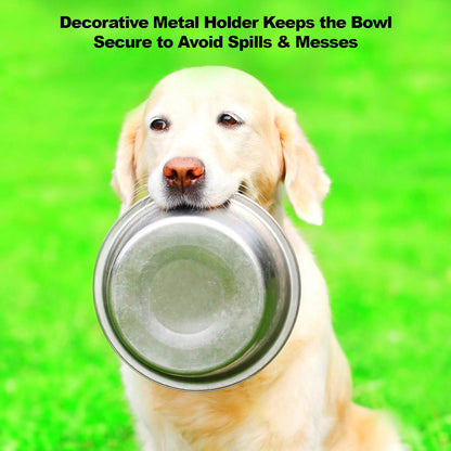 Set of 2 Stainless Steel Dog Bowls - 40 Oz Pet Bowls with Decorative Stand - Metal Food and Water Dishes for Large Pets - Puppy Essentials (Silver/Black)