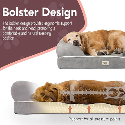 Orthopedic Memory Foam Dog Bed with Washable Cover and Non-Slip Base, Calming Pet Sofa, Water Resistant, Chester Grey, 50" x 40" x 13